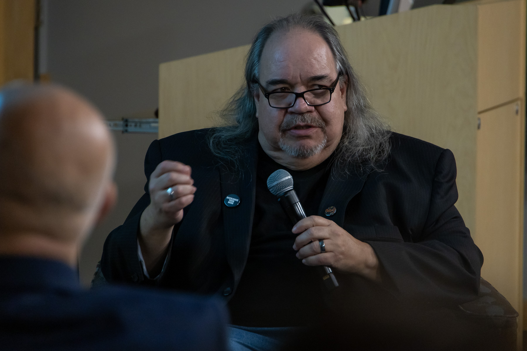 The event, hosted by Mark Turcotte, Turtle Mountain Ojibwe, in the English Department, celebrated Native Peoples Heritage Month by engaging attendees in a captivating panel discussion that explored the enduring legacy of Native Peoples. (Photo by Jeff Carrion / DePaul University) 